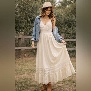Cream Boho Maxi Dress Lace Trim Smocked Waist Adjustable Straps